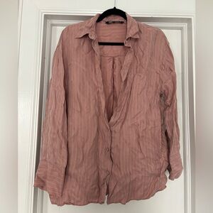 Zara Pink Striped Silky Button down Blouse
